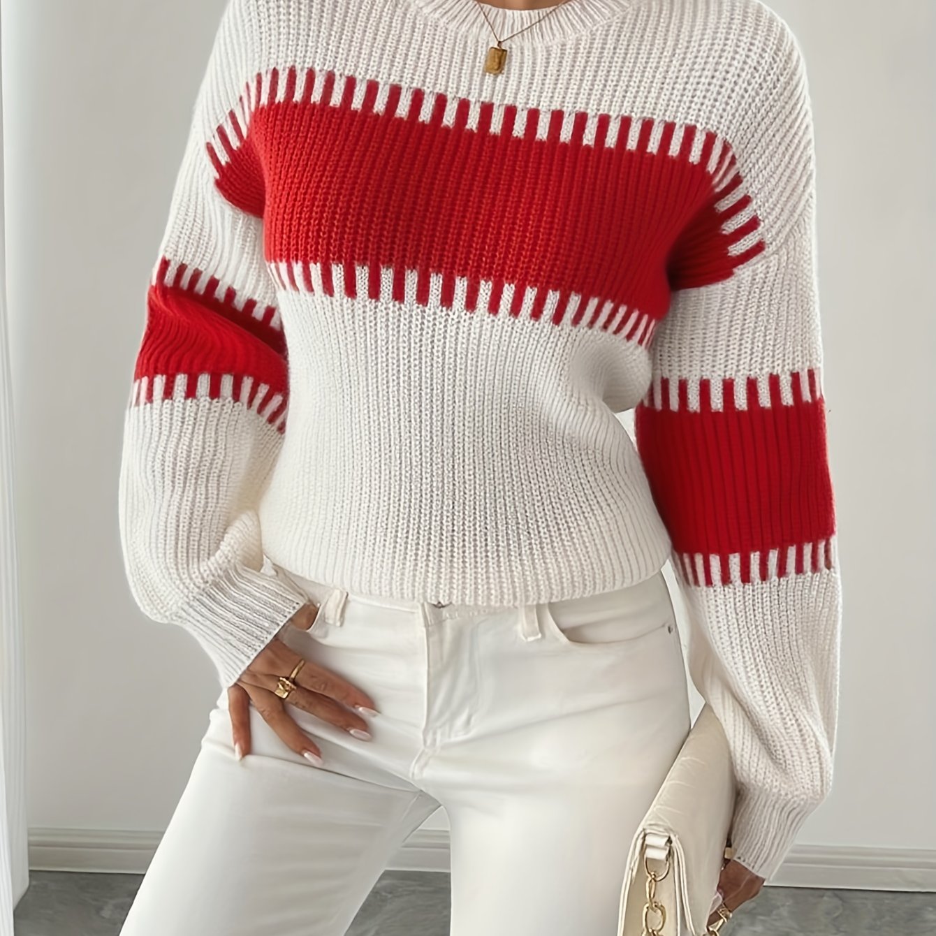 Elegante dames trui met lange mouwen – beige/bruine horizontale strepen, zachte stretch