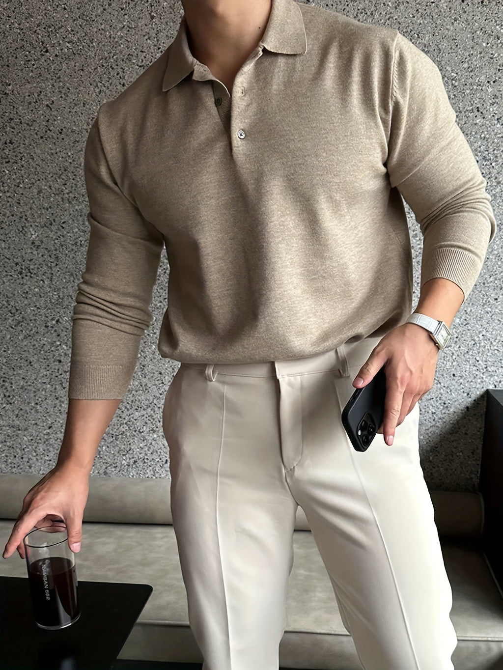 Heren beige lange mouwen polo – stijlvolle casual look voor de winter