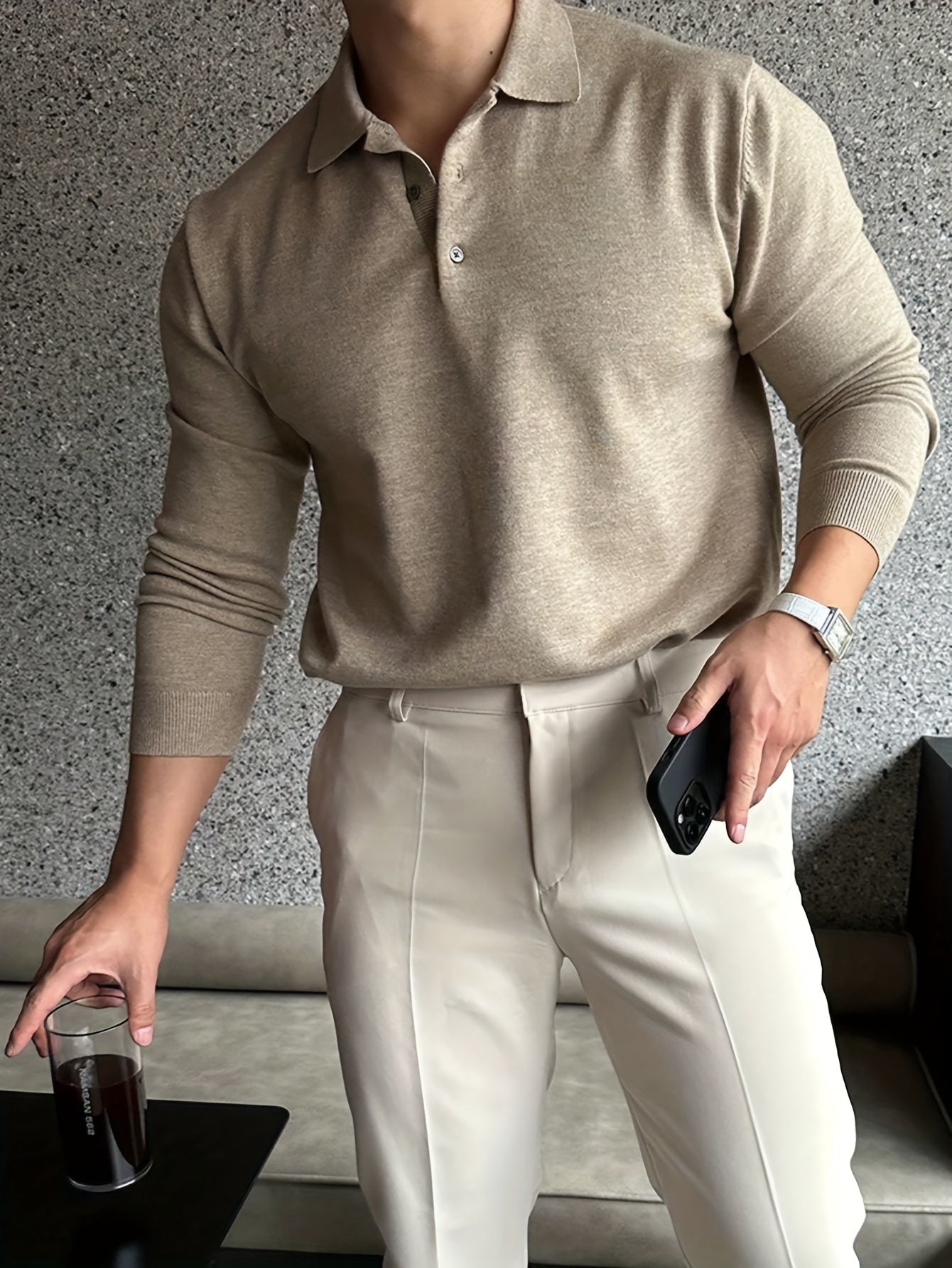 Heren beige lange mouwen polo – stijlvolle casual look voor de winter