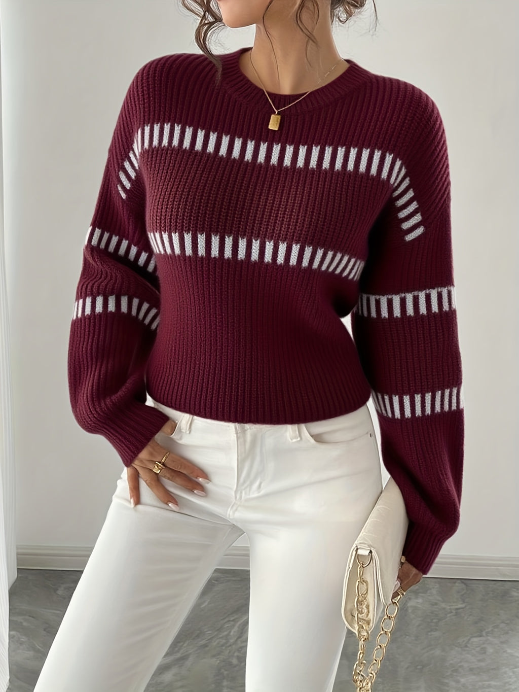 Elegante dames trui met lange mouwen – beige/bruine horizontale strepen, zachte stretch