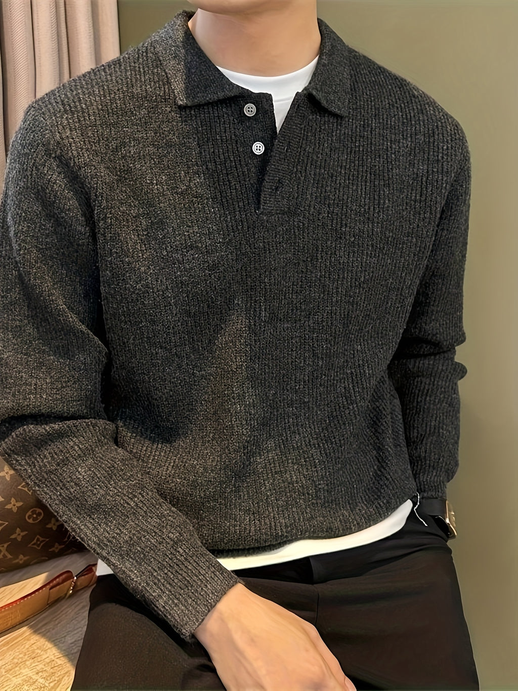 Heren dikke gebreide trui – oversized relaxed fit met knoopsluiting en kraag