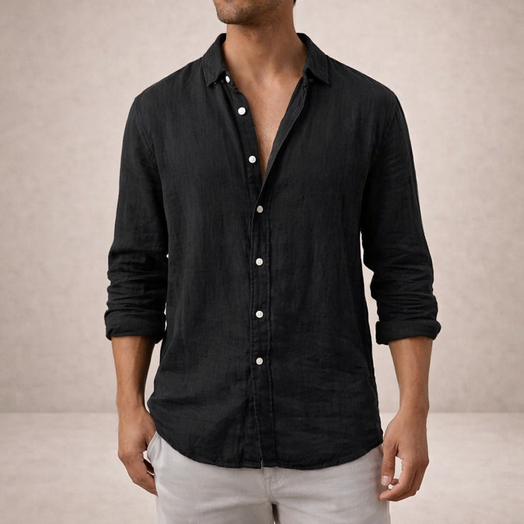 Men's Linen Shirt | Regular Fit | Breathable Fabric | Open Collar | Long Sleeves