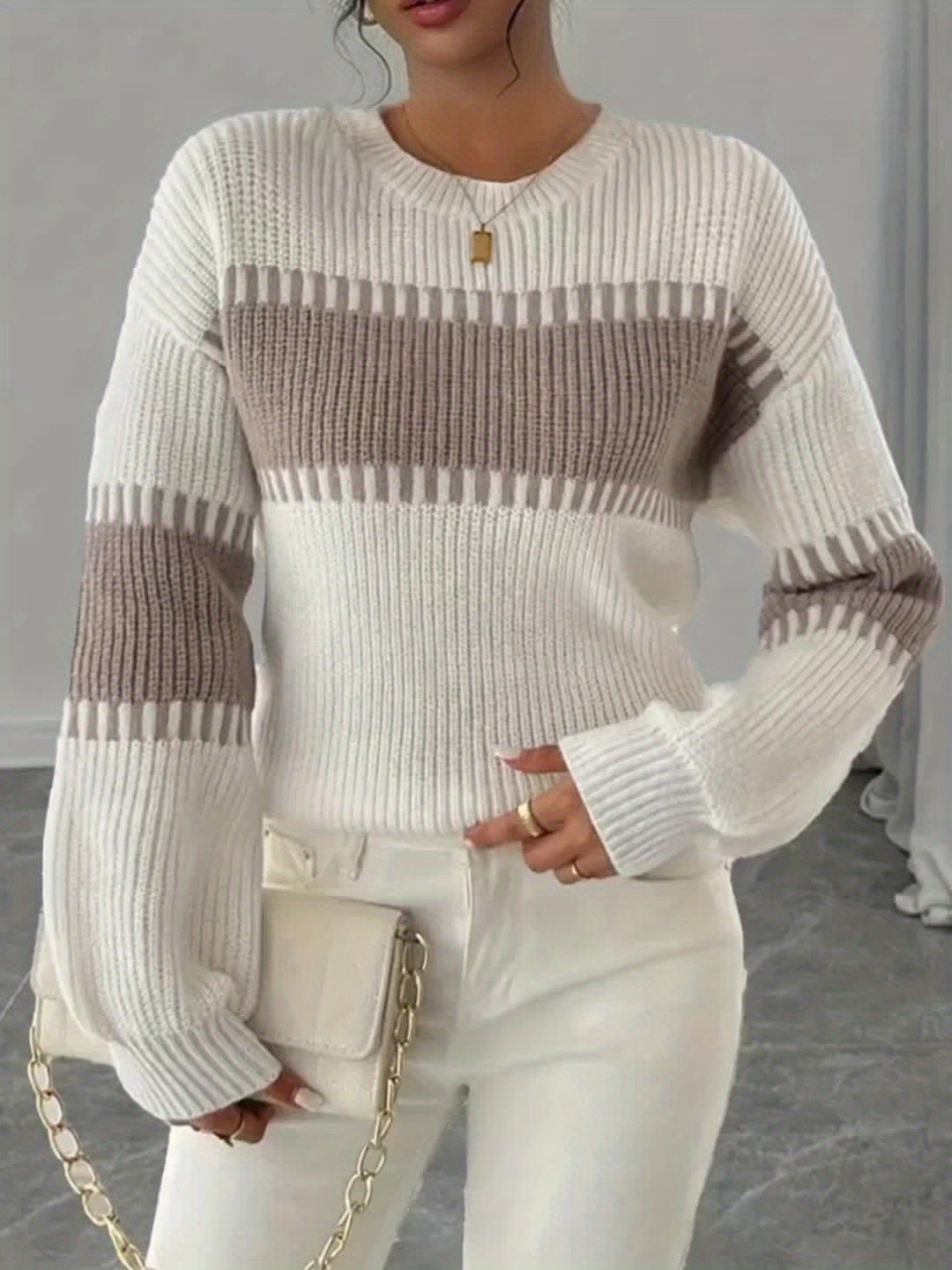 Elegante dames trui met lange mouwen – beige/bruine horizontale strepen, zachte stretch