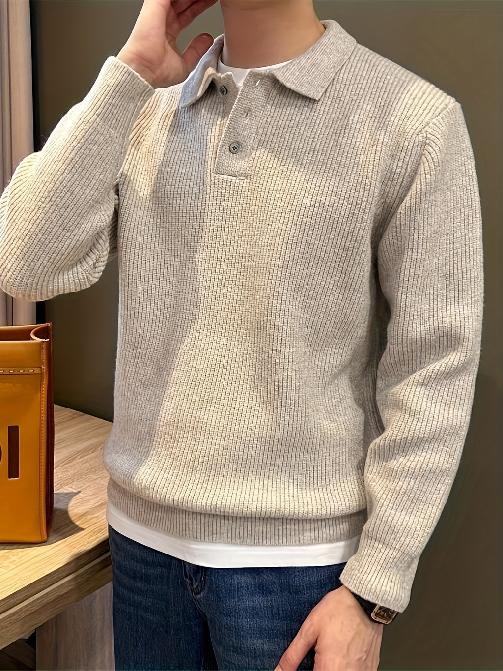 Heren dikke gebreide trui – oversized relaxed fit met knoopsluiting en kraag