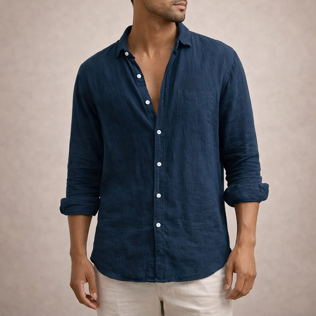 Men's Linen Shirt | Regular Fit | Breathable Fabric | Open Collar | Long Sleeves