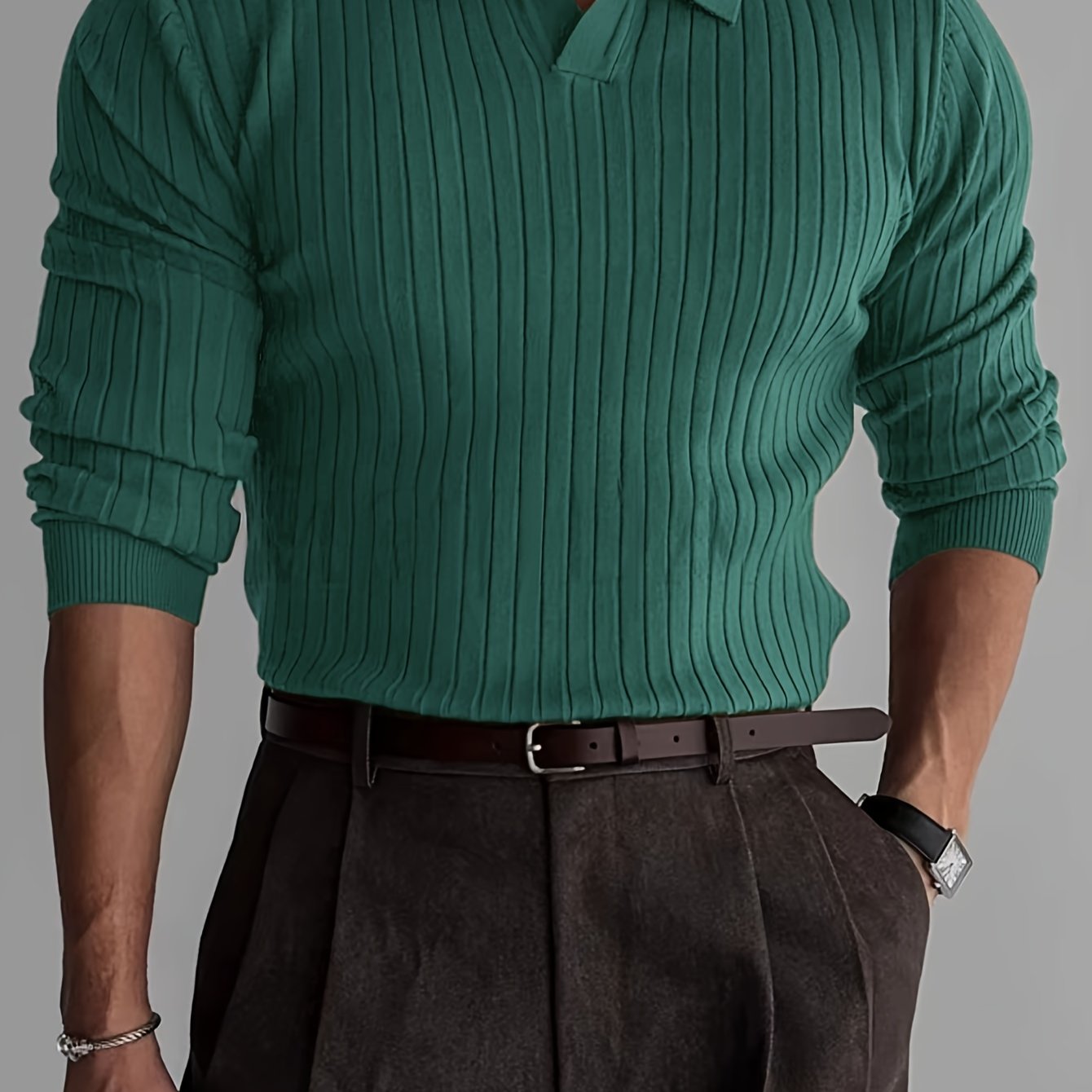 Heren gebreid poloshirt met lange mouwen en klassieke kraag