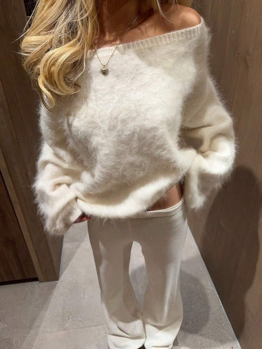 Fluffy Off-Shoulder Soft Knit Sweater – Cozy & Chic