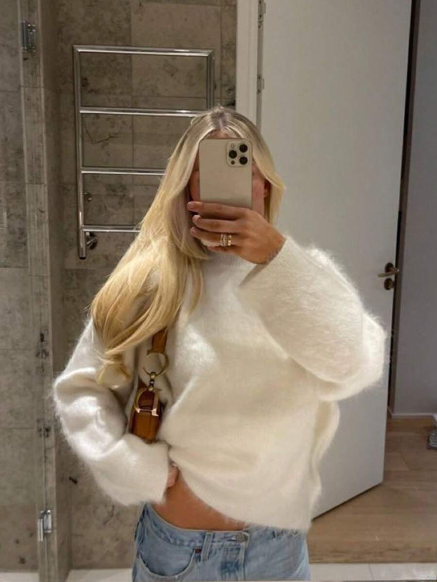 Fluffy Off-Shoulder Soft Knit Sweater – Cozy & Chic