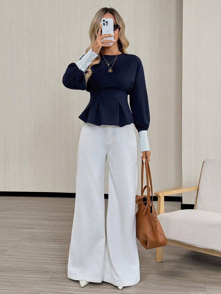 Navy Sculpt Peplum Blouse