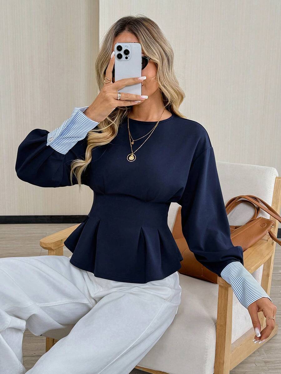 Navy Sculpt Peplum Blouse