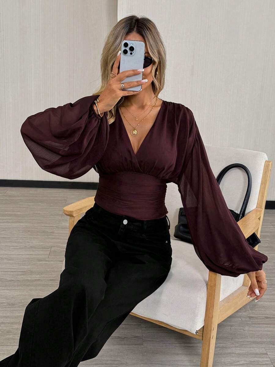 Vintage Mesh Lantern Sleeve Top – Stylish Elegance with Backless & Bow Detail