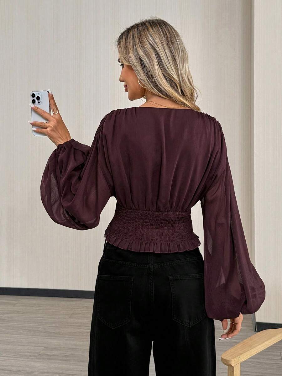 Vintage Mesh Lantern Sleeve Top – Stylish Elegance with Backless & Bow Detail