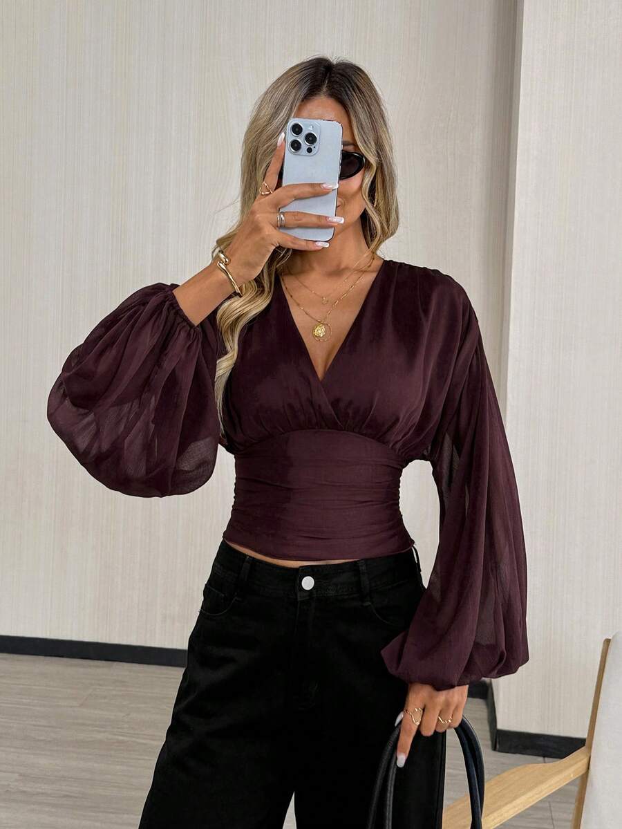 Vintage Mesh Lantern Sleeve Top – Stylish Elegance with Backless & Bow Detail