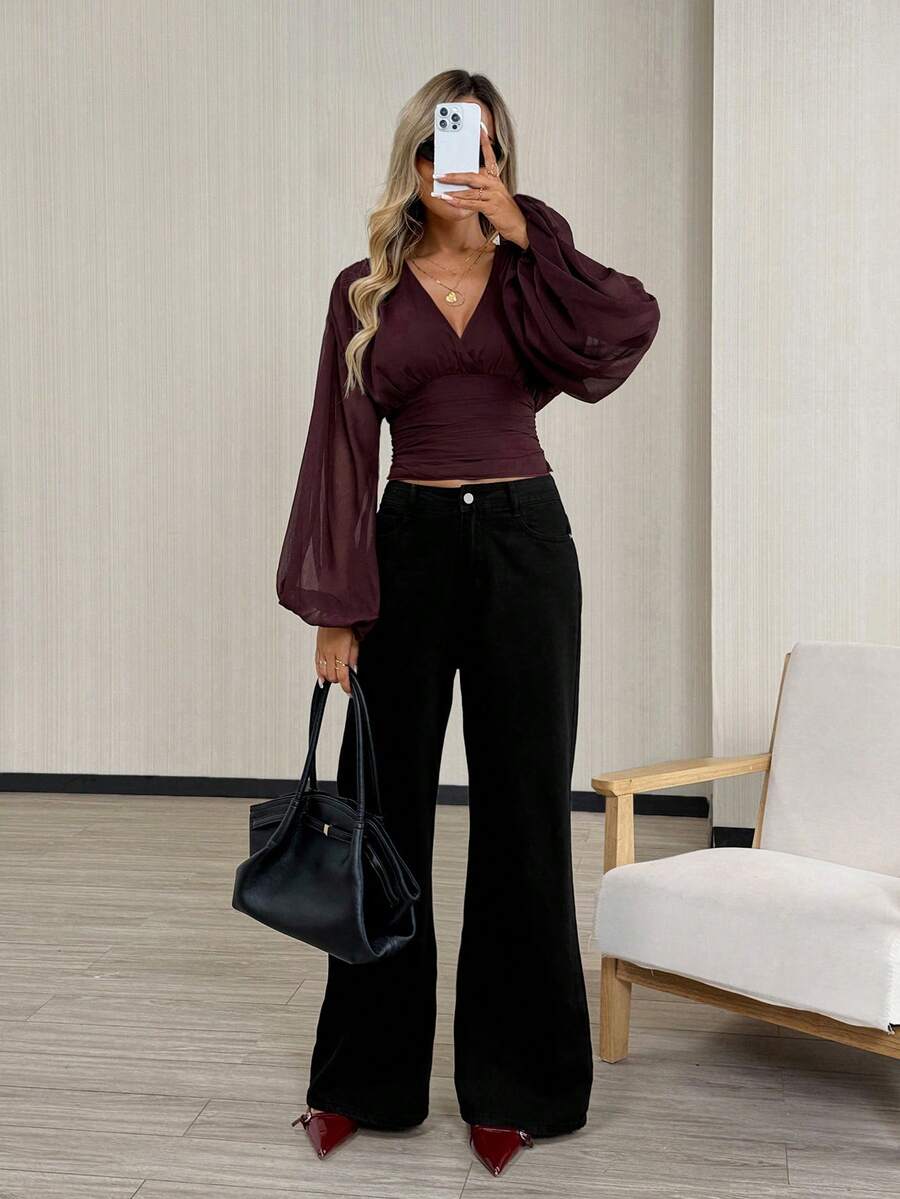 Vintage Mesh Lantern Sleeve Top – Stylish Elegance with Backless & Bow Detail