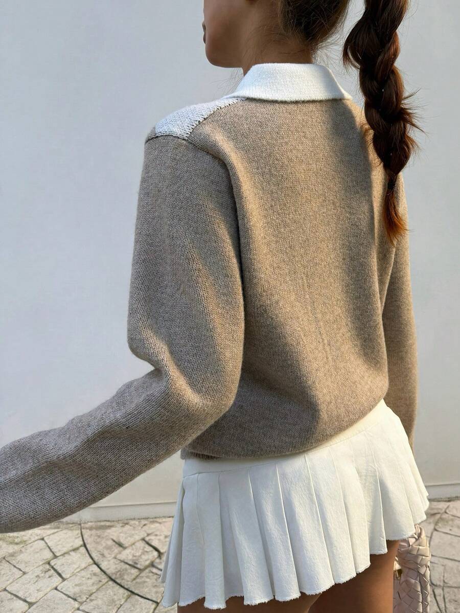 Pariaura Women's basic minimalist checkered collar fashionable simple Korean style sweater, autumn/winter