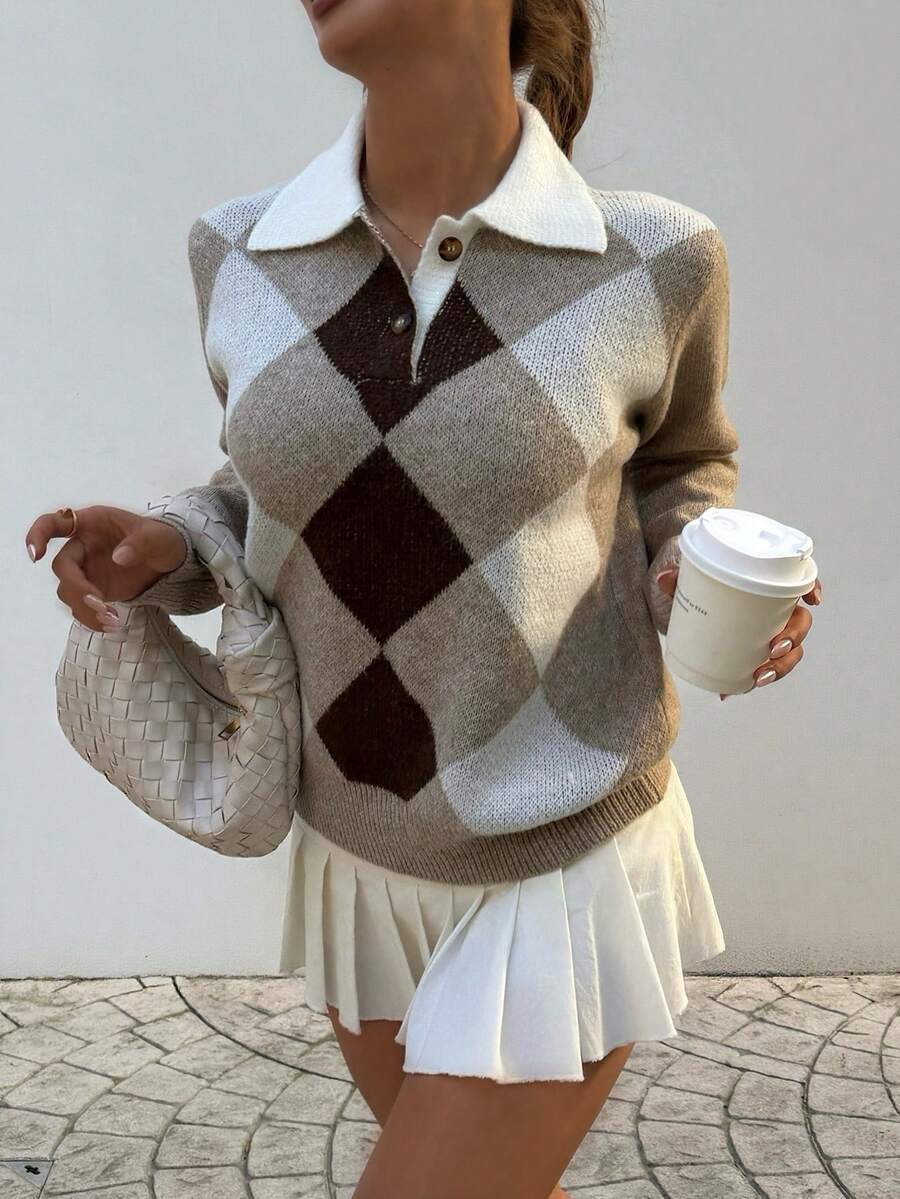 Pariaura Women's basic minimalist checkered collar fashionable simple Korean style sweater, autumn/winter