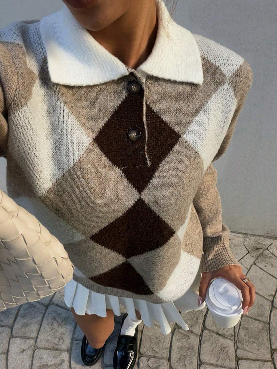 Pariaura Women's basic minimalist checkered collar fashionable simple Korean style sweater, autumn/winter