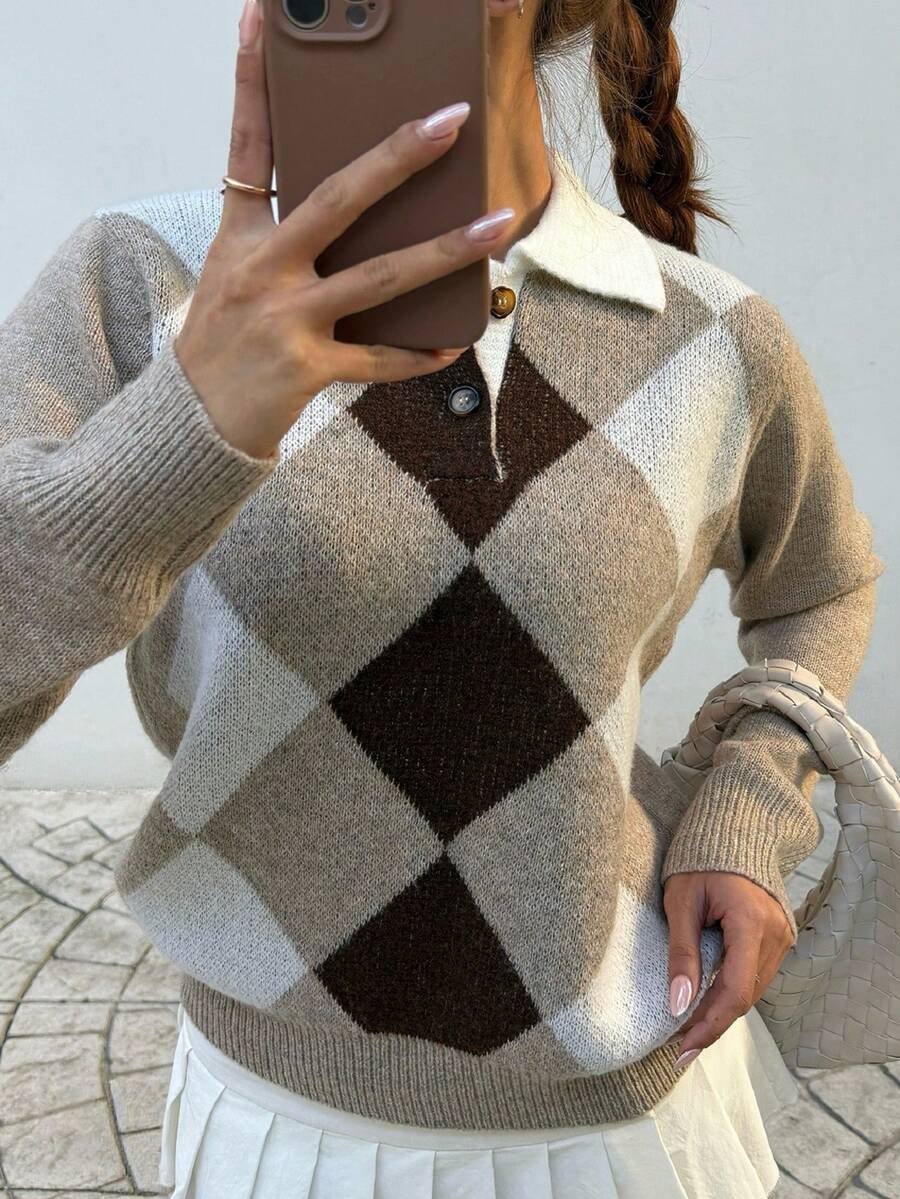 Pariaura Women's basic minimalist checkered collar fashionable simple Korean style sweater, autumn/winter