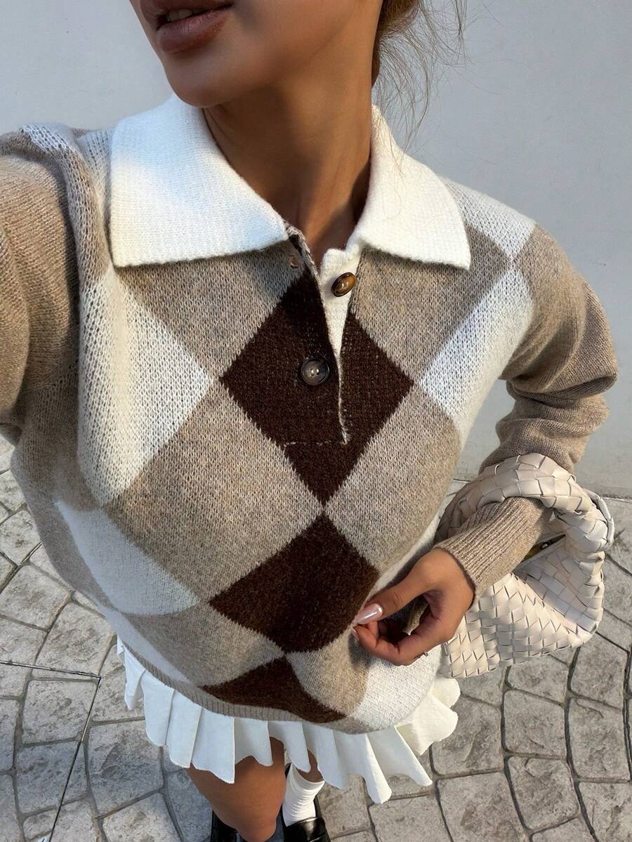 Pariaura Women's basic minimalist checkered collar fashionable simple Korean style sweater, autumn/winter