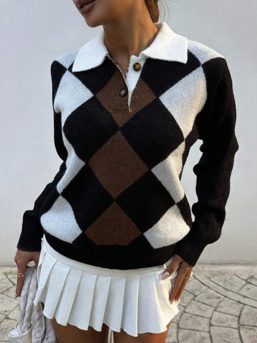 Pariaura Women's basic minimalist checkered collar fashionable simple Korean style sweater, autumn/winter