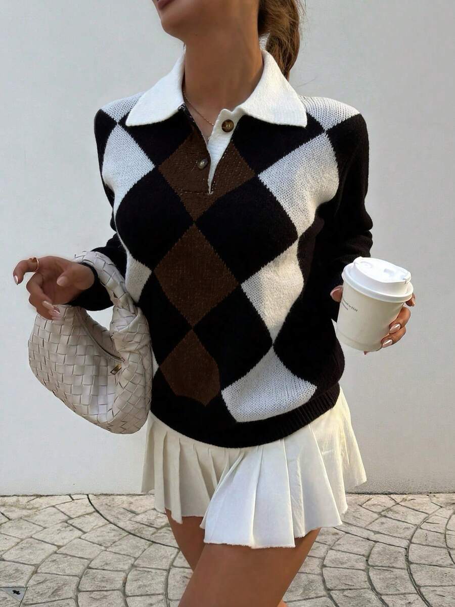 Pariaura Women's basic minimalist checkered collar fashionable simple Korean style sweater, autumn/winter