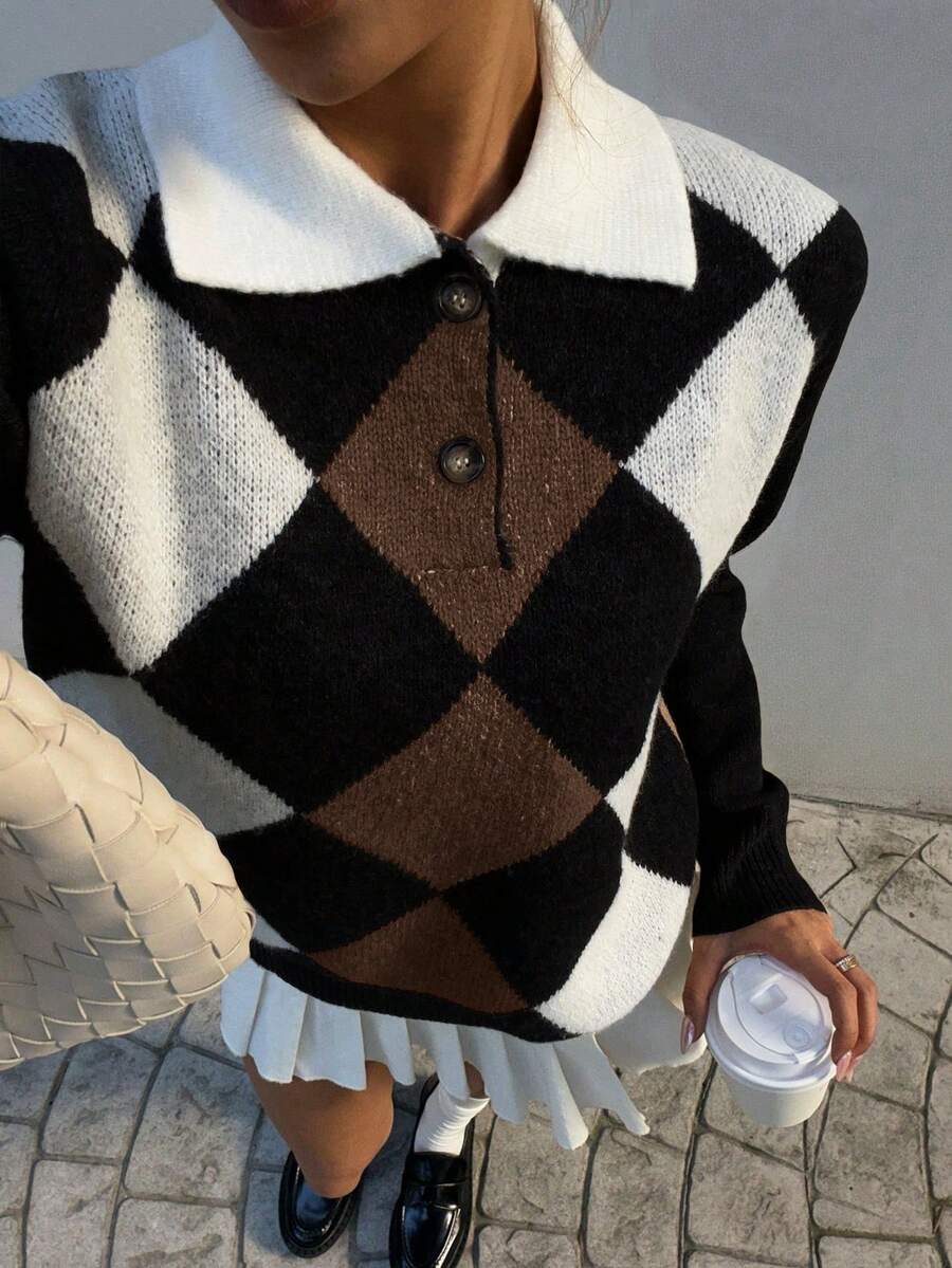 Pariaura Women's basic minimalist checkered collar fashionable simple Korean style sweater, autumn/winter