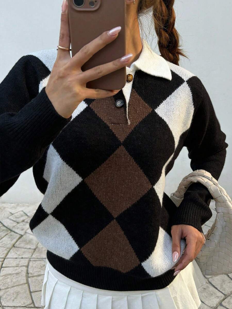 Pariaura Women's basic minimalist checkered collar fashionable simple Korean style sweater, autumn/winter