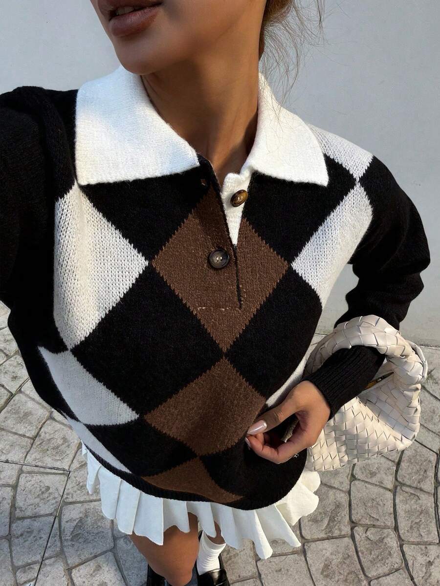 Pariaura Women's basic minimalist checkered collar fashionable simple Korean style sweater, autumn/winter