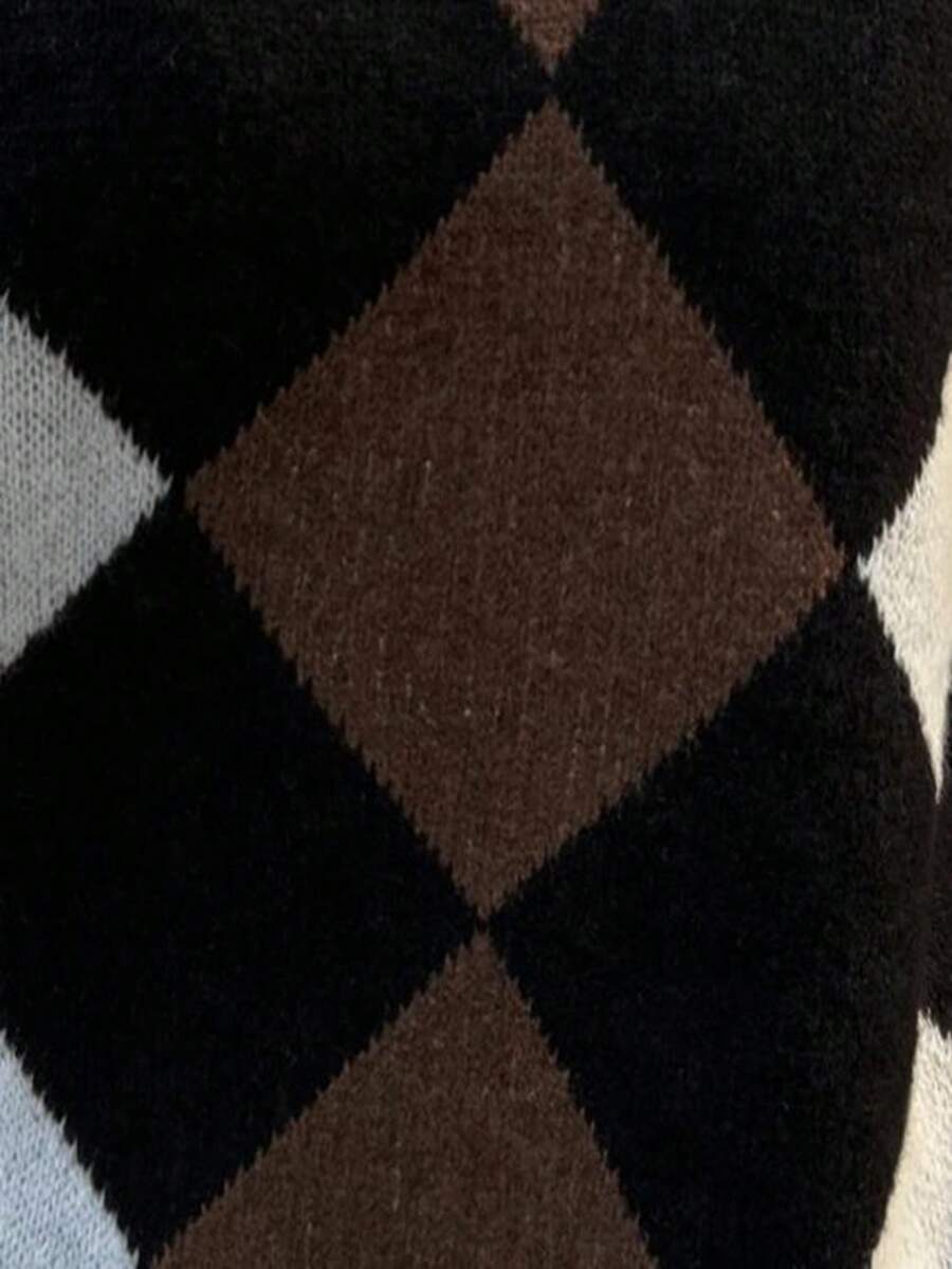 Pariaura Women's basic minimalist checkered collar fashionable simple Korean style sweater, autumn/winter