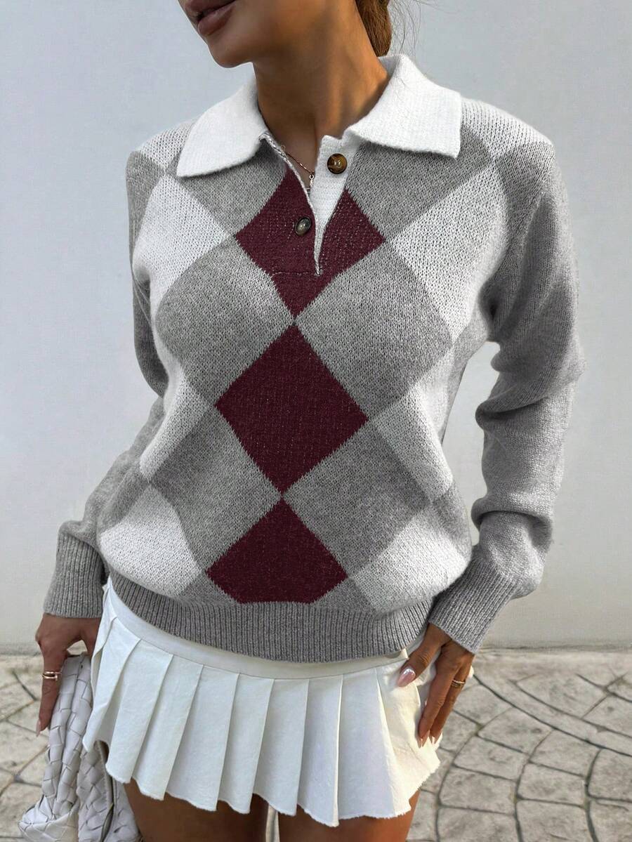 Pariaura Women's basic minimalist checkered collar fashionable simple Korean style sweater, autumn/winter