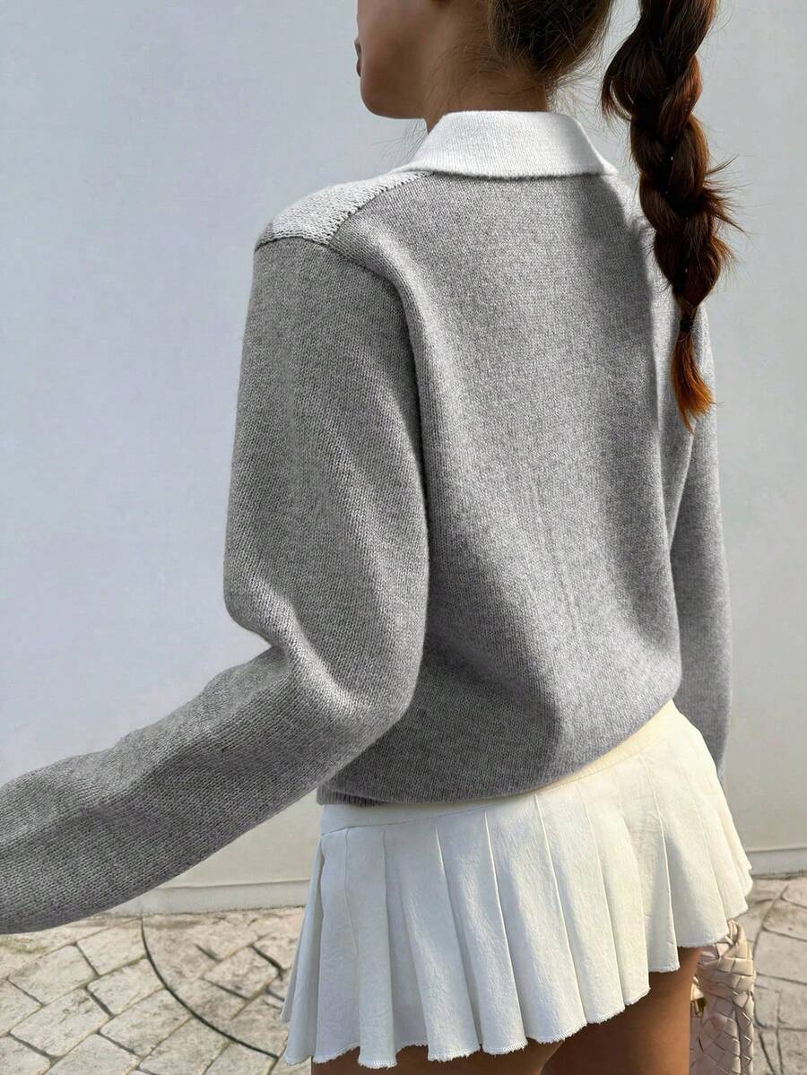 Pariaura Women's basic minimalist checkered collar fashionable simple Korean style sweater, autumn/winter