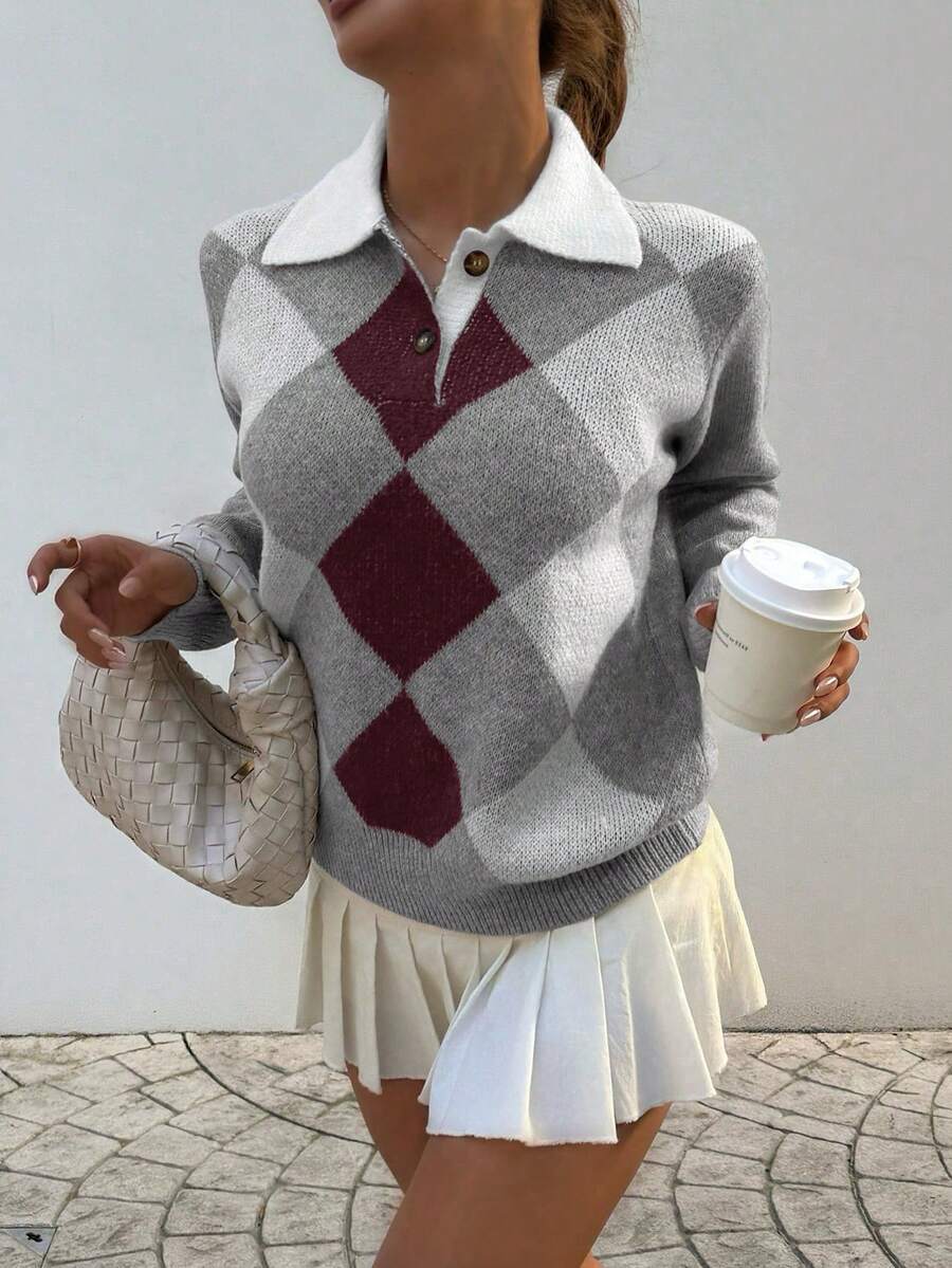 Pariaura Women's basic minimalist checkered collar fashionable simple Korean style sweater, autumn/winter