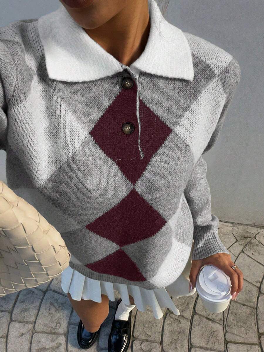 Pariaura Women's basic minimalist checkered collar fashionable simple Korean style sweater, autumn/winter
