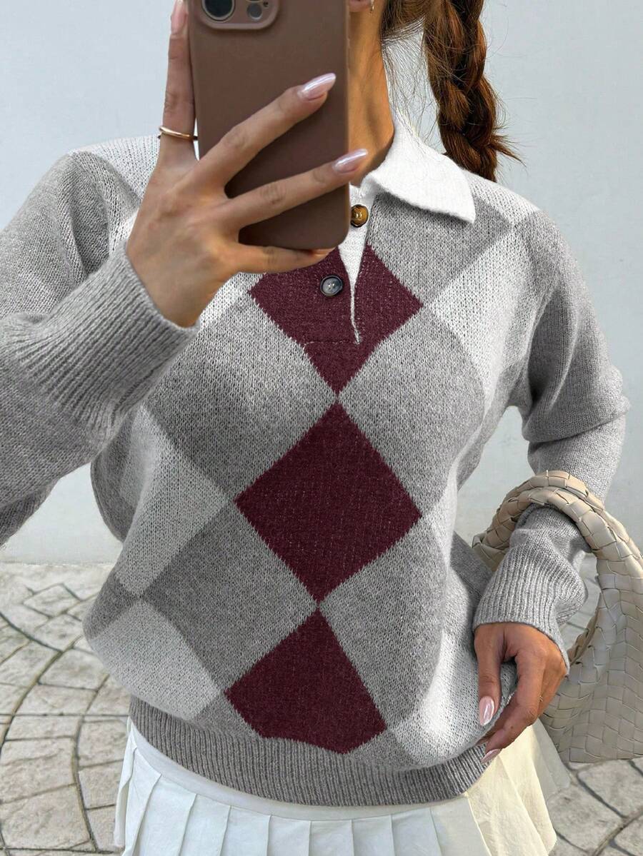 Pariaura Women's basic minimalist checkered collar fashionable simple Korean style sweater, autumn/winter