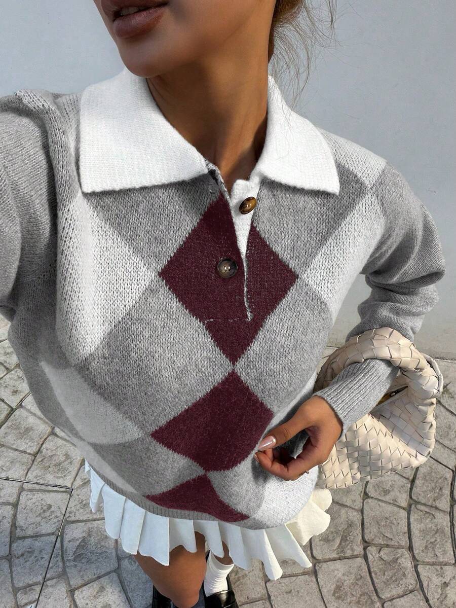 Pariaura Women's basic minimalist checkered collar fashionable simple Korean style sweater, autumn/winter