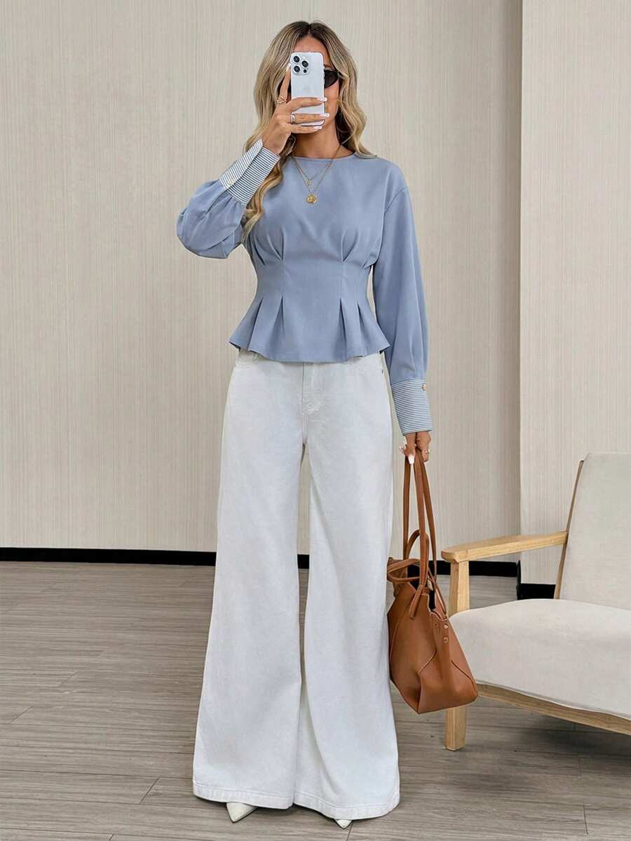 Navy Sculpt Peplum Blouse