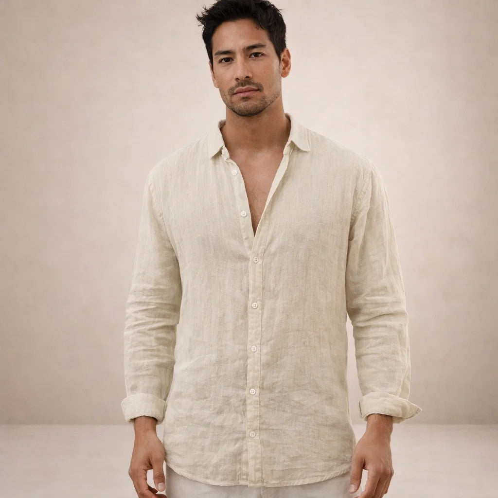Men's Linen Shirt | Regular Fit | Breathable Fabric | Open Collar | Long Sleeves