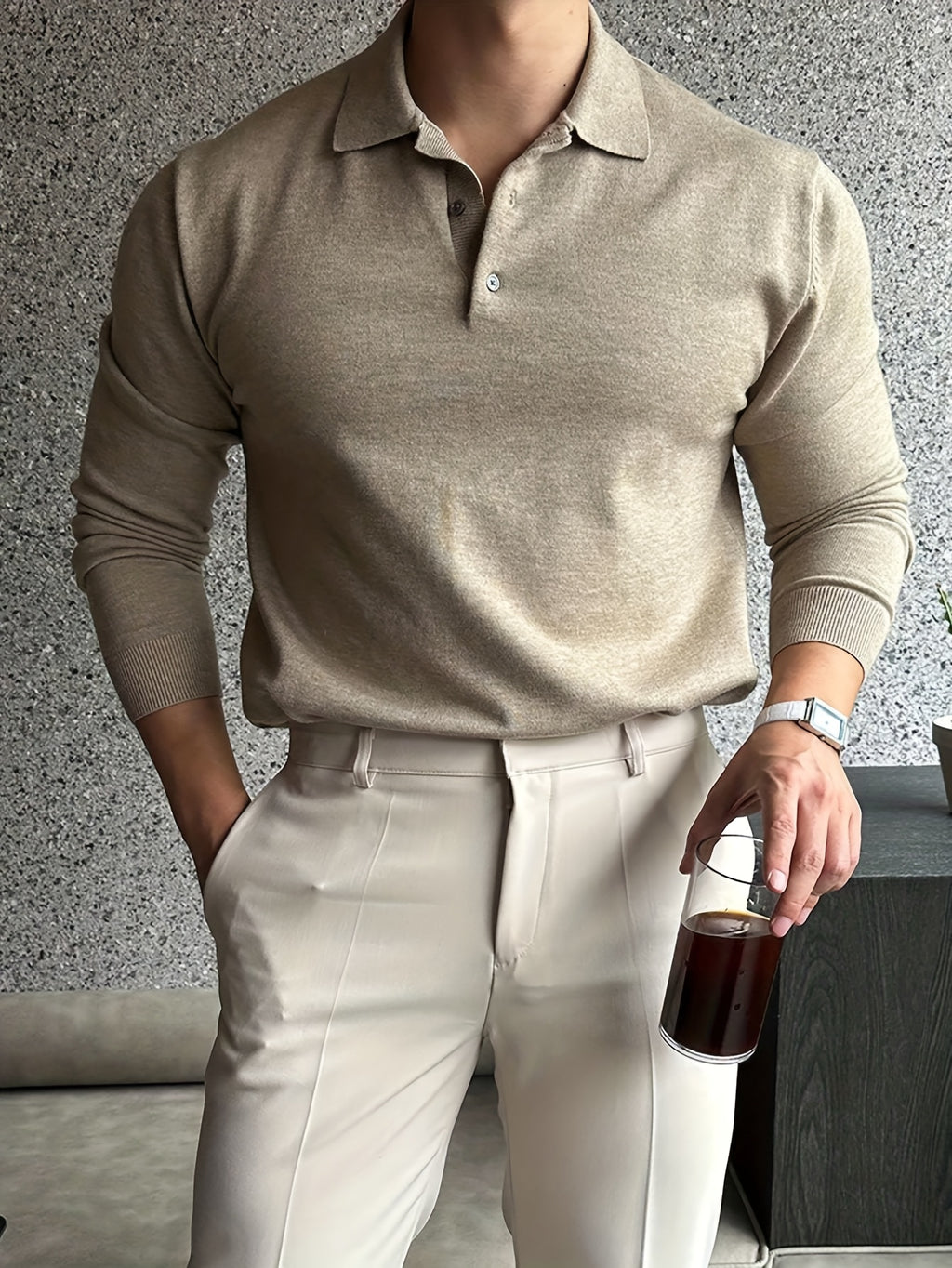 Heren beige lange mouwen polo – stijlvolle casual look voor de winter