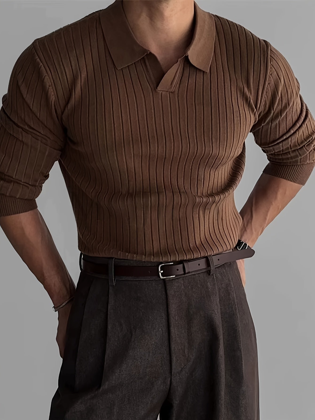 Heren gebreid poloshirt met lange mouwen en klassieke kraag