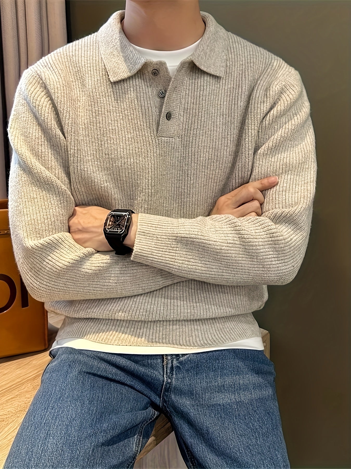 Heren dikke gebreide trui – oversized relaxed fit met knoopsluiting en kraag