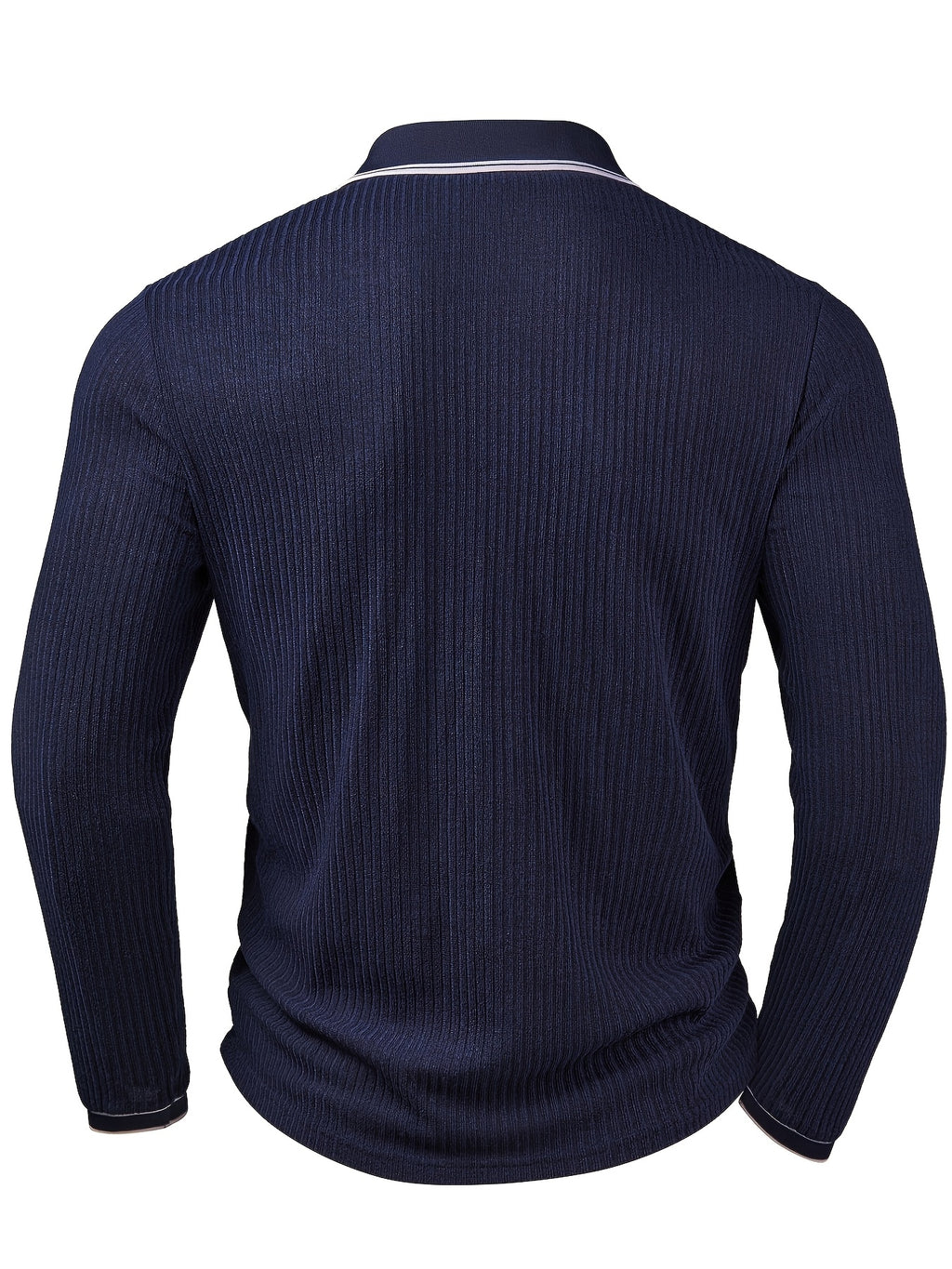 Heren casual poloshirt met kleurblok – marineblauw/wit, lange mouwen & contrasterende kraag