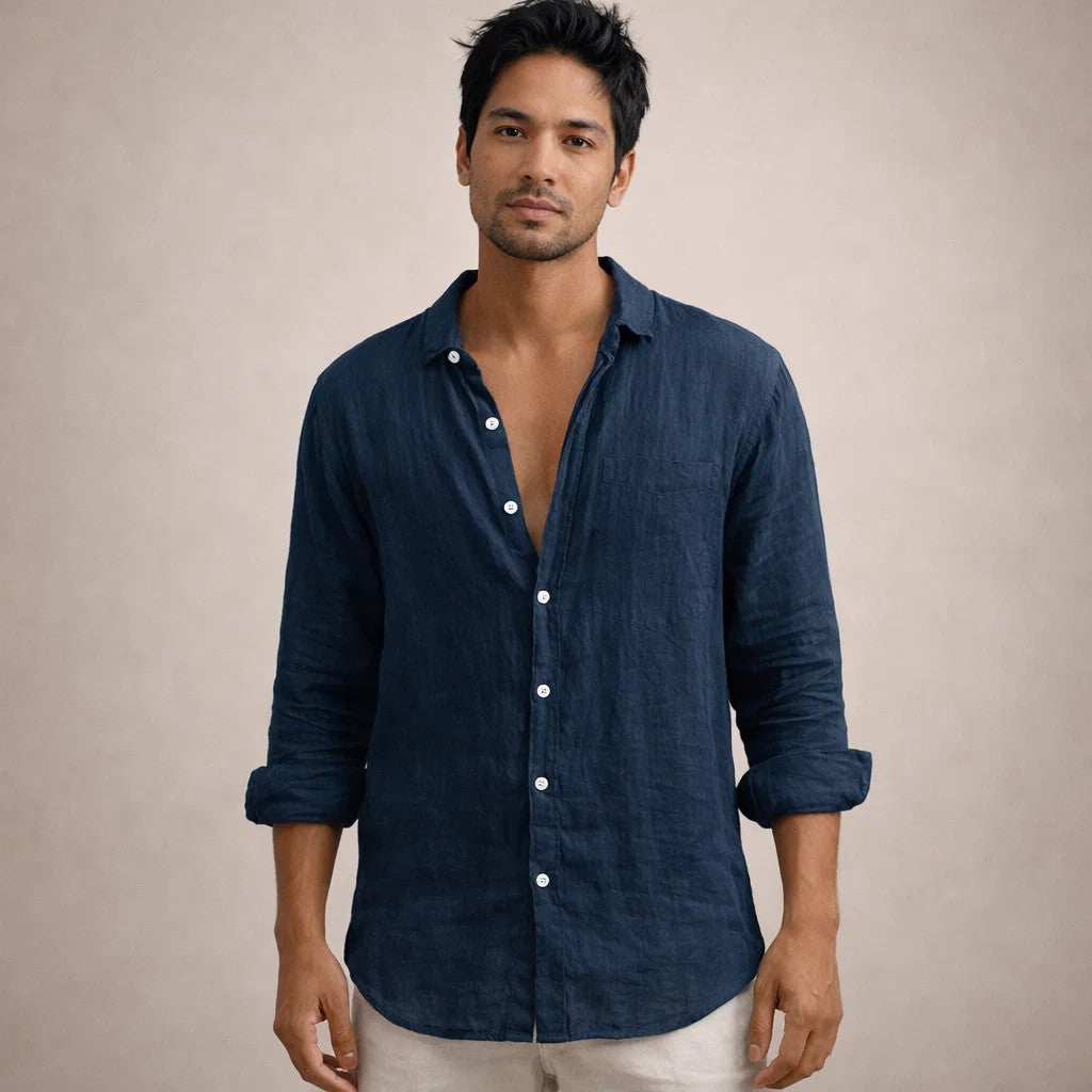 Men's Linen Shirt | Regular Fit | Breathable Fabric | Open Collar | Long Sleeves