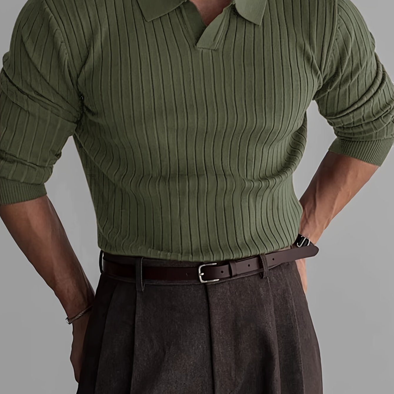 Heren gebreid poloshirt met lange mouwen en klassieke kraag