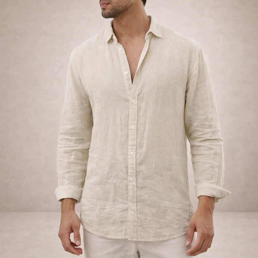 Men's Linen Shirt | Regular Fit | Breathable Fabric | Open Collar | Long Sleeves
