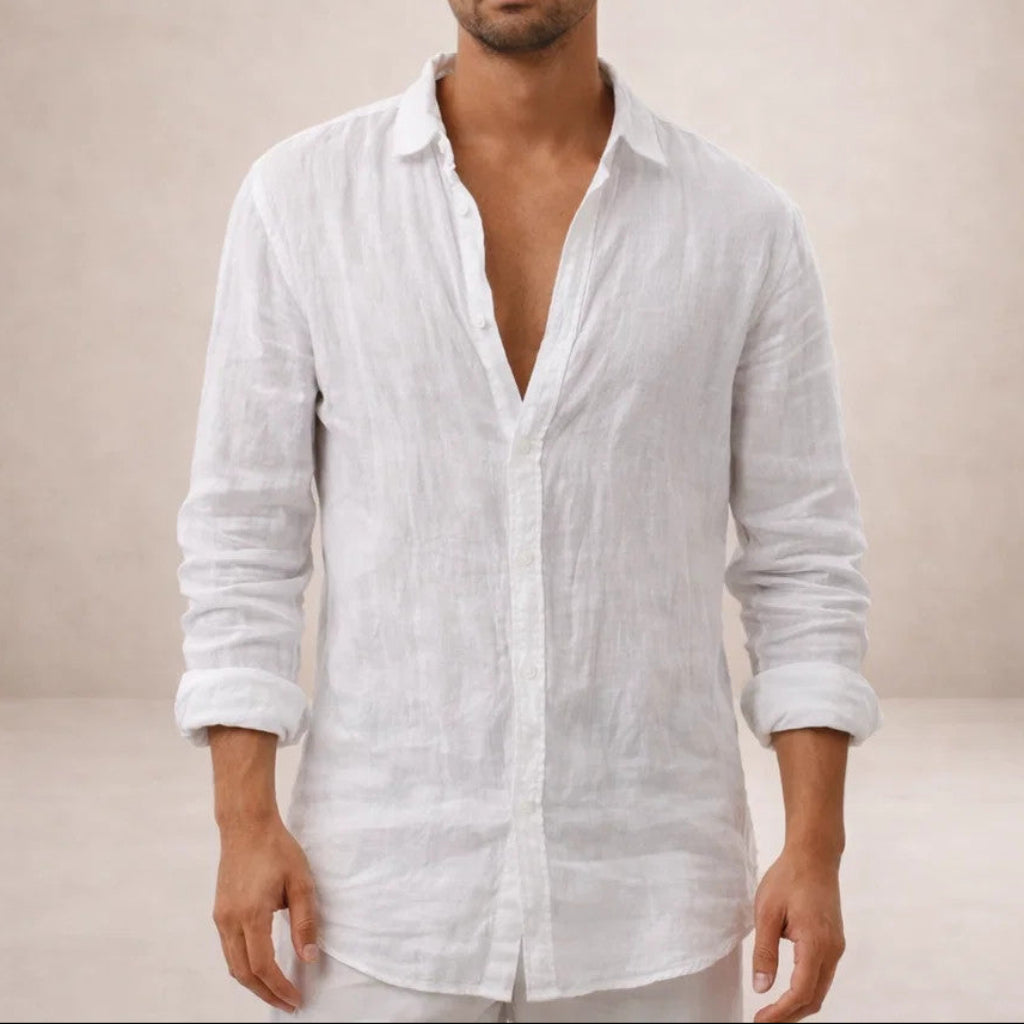 Men's Linen Shirt | Regular Fit | Breathable Fabric | Open Collar | Long Sleeves