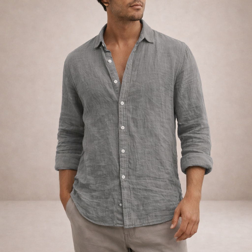 Men's Linen Shirt | Regular Fit | Breathable Fabric | Open Collar | Long Sleeves