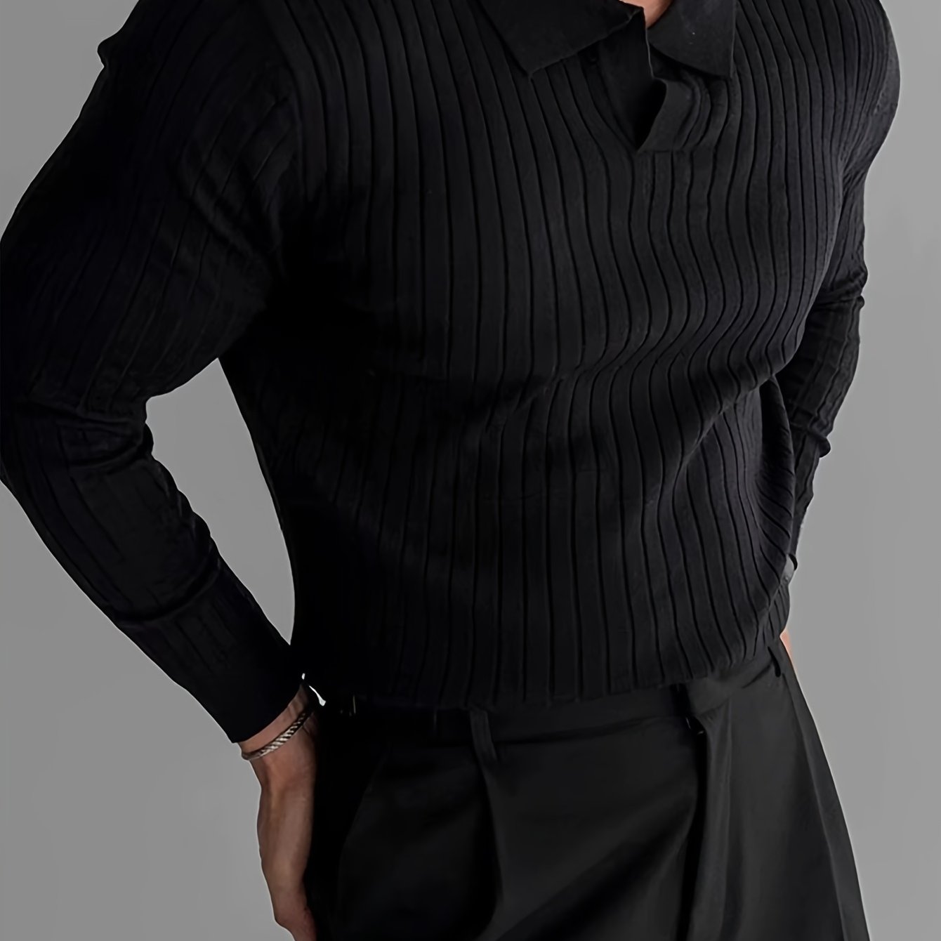 Heren gebreid poloshirt met lange mouwen en klassieke kraag