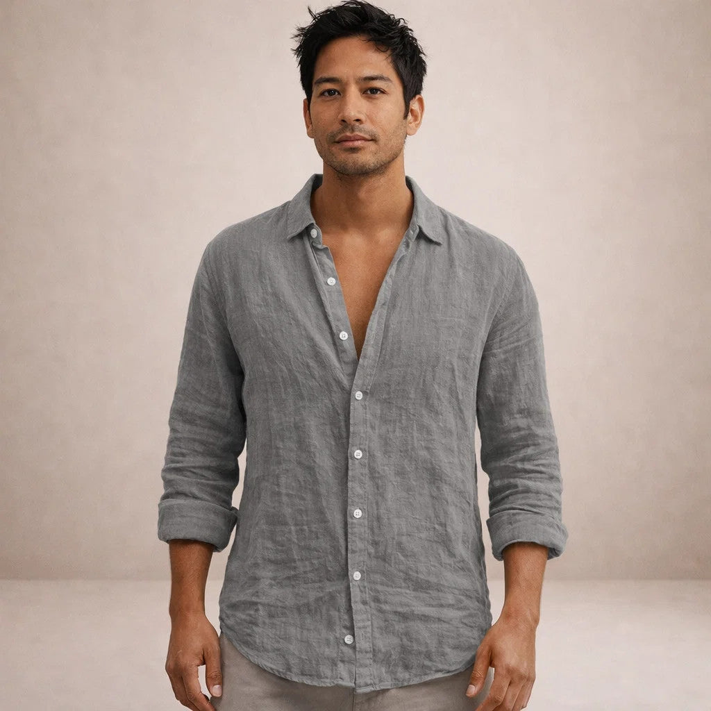 Men's Linen Shirt | Regular Fit | Breathable Fabric | Open Collar | Long Sleeves