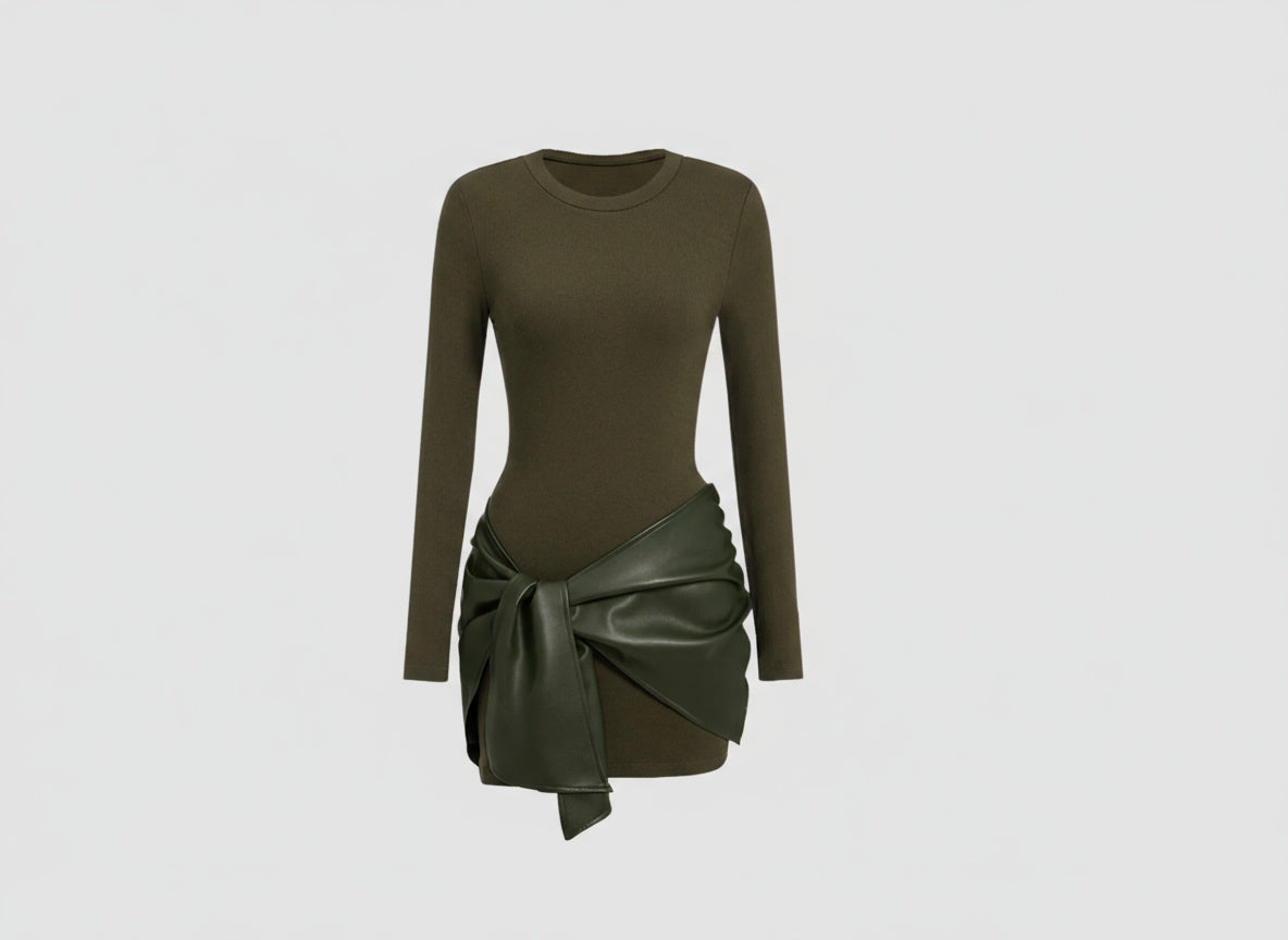 Narelle | Fitted Mini-Jurk met Vegan Leather Drape Detail