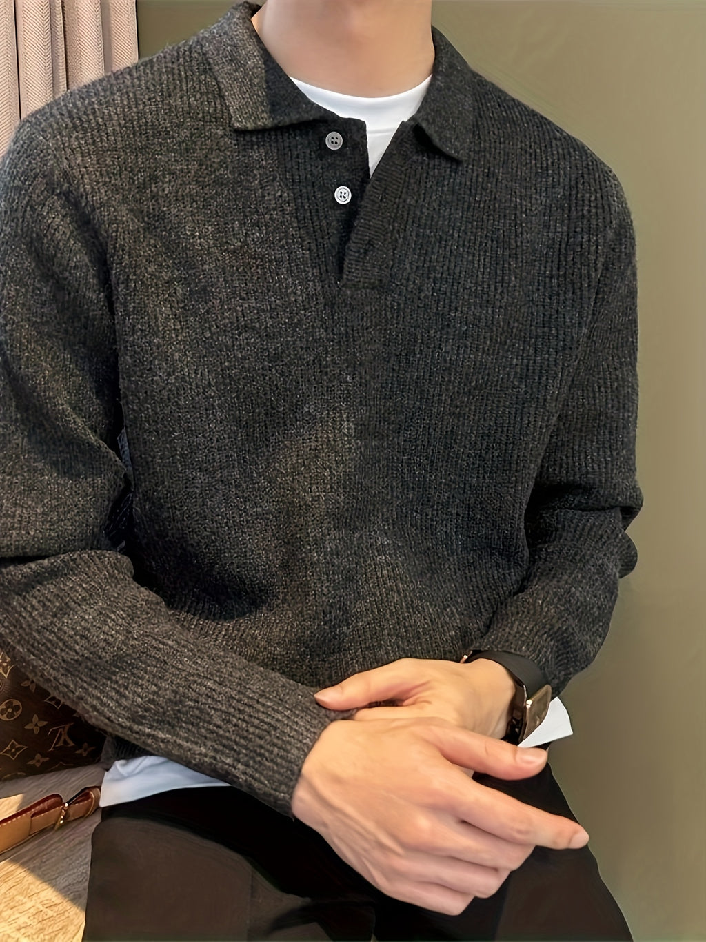 Heren dikke gebreide trui – oversized relaxed fit met knoopsluiting en kraag